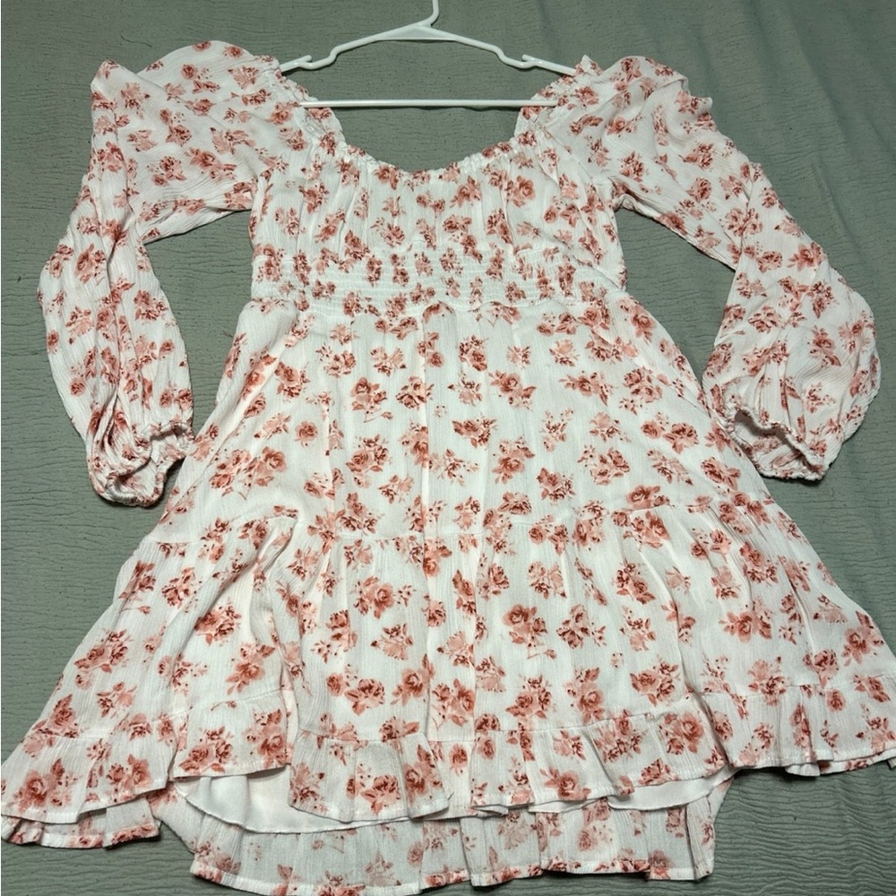 Altar'd State White Floral Long Sleeve Smocked Mini Dress